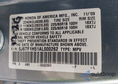 2010 Honda Accord Crosstour Ex-L from USA, damaged, VIN 5J6TF1H51AL000262